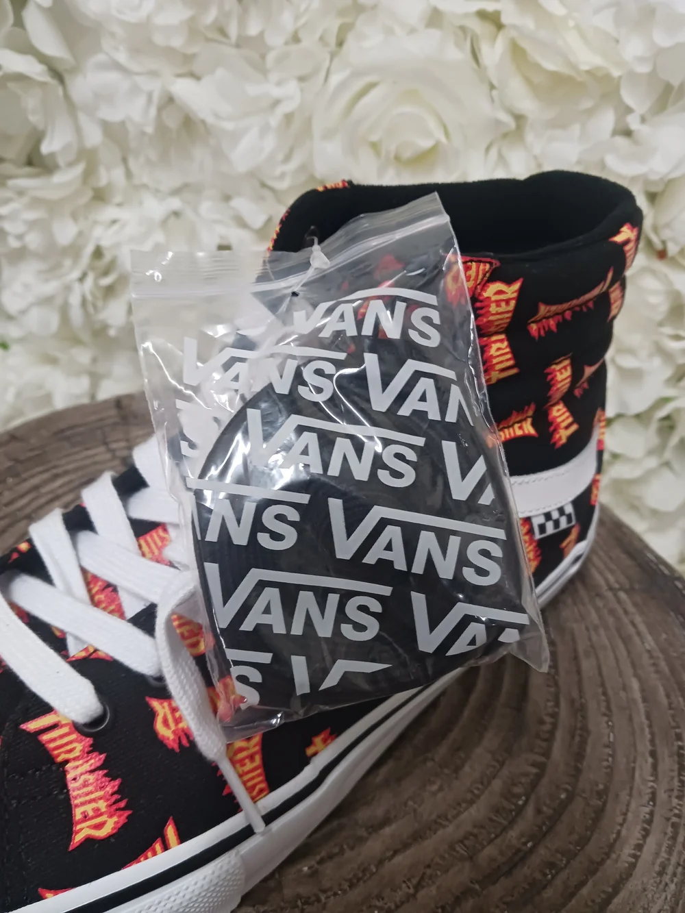 Vans Sk8-Hi Black Sneakers with Red and Orange Flame Print